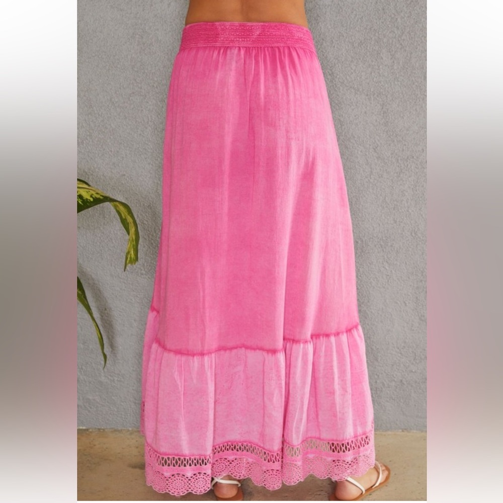 NEW BOHEMIAN BRAIDED ELASTIC WAIST LINEN COTTON PINK MAXI SKIRT - Picture 4 of 7